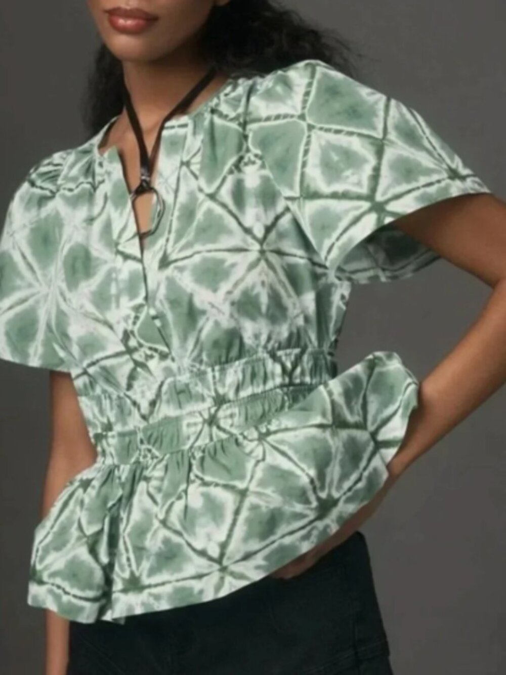 Anthropologie Somerset Green and White Tie-Dye V-Neck Peplum Blouse